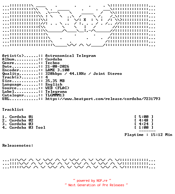 NFO for the release Astronomical_Telegram-Cordoba-TLGMMM13-WEB-2026-WAV by WAV