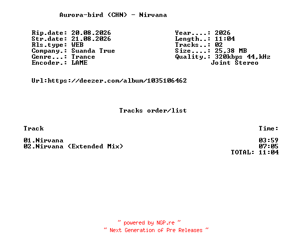 NFO for the release Aurora-bird_(CHN)_-_Nirvana-(TRUE343)-WEB-2026-FMC by FMC