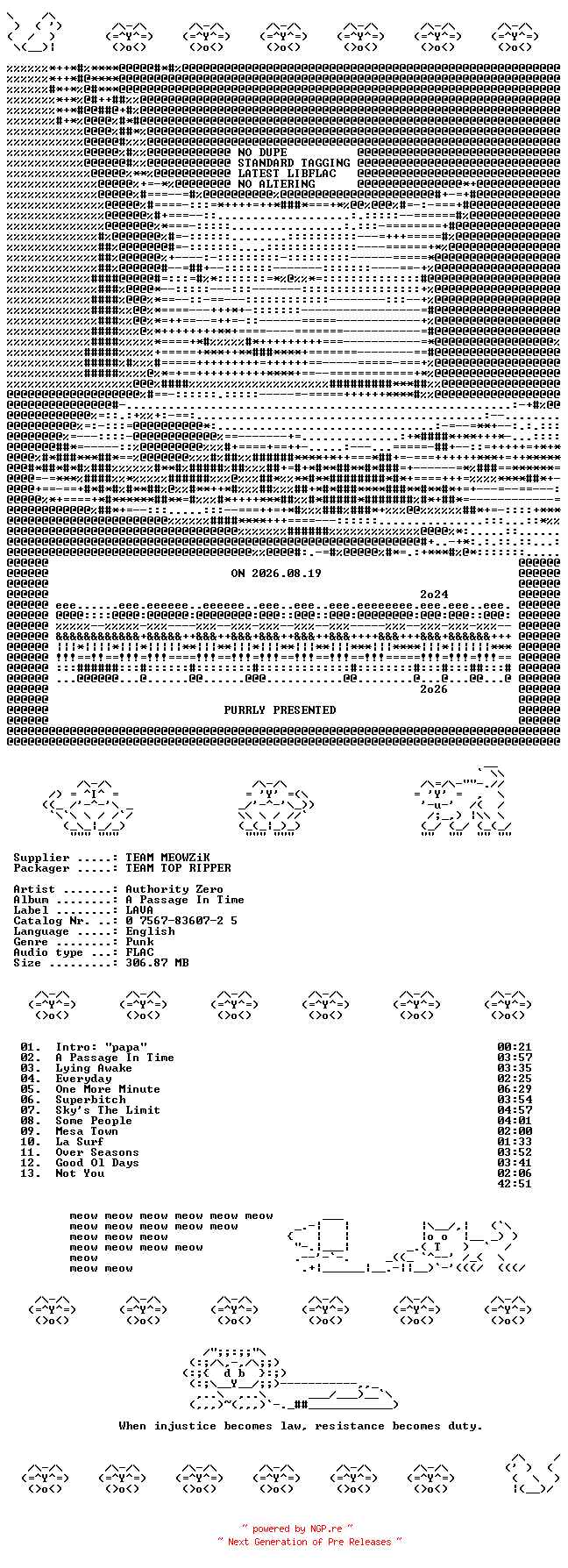 NFO for the release Authority_Zero--A_Passage_In_Time-CD-FLAC-2002-MEOWZiK by MEOWZiK