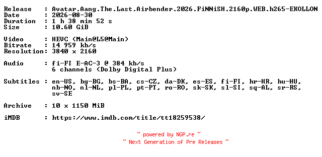 NFO for the release Avatar.Aang.The.Last.Airbender.2026.FiNNiSH.2160p.WEB.h265-EKOLLON by EKOLLON