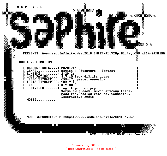 NFO for the release Avengers.Infinity.War.2018.INTERNAL.720p.BluRay.CRF.x264-SAPHiRE by SAPHiRE
