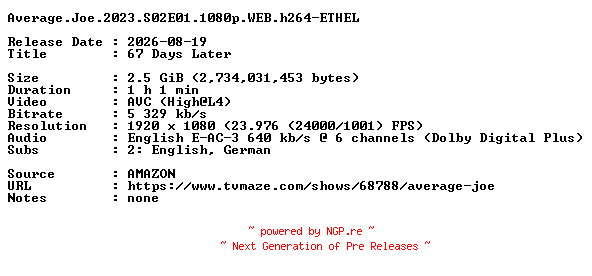 NFO for the release Average.Joe.2023.S02E01.1080p.WEB.h264-ETHEL by ETHEL