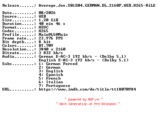 NFO for the release Average.Joe.S01E04.GERMAN.DL.2160P.WEB.H265-RiLE by RiLE