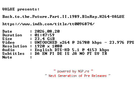 NFO for the release Back.to.the.Future.Part.II.1989.BluRay.H264-VALUE by VALUE