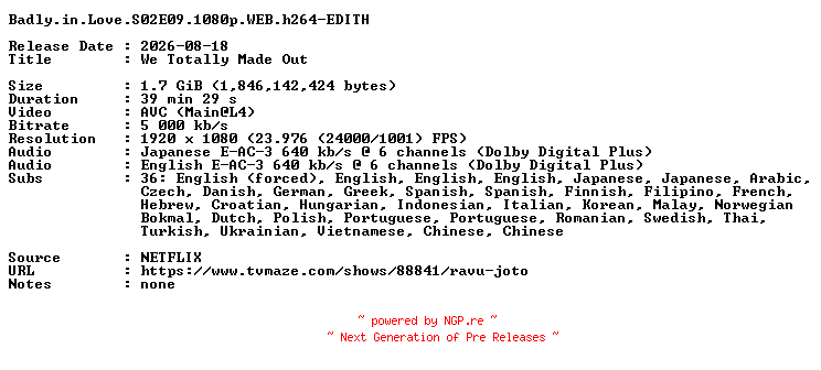 NFO for the release Badly.in.Love.S02E09.1080p.WEB.h264-EDITH by EDITH