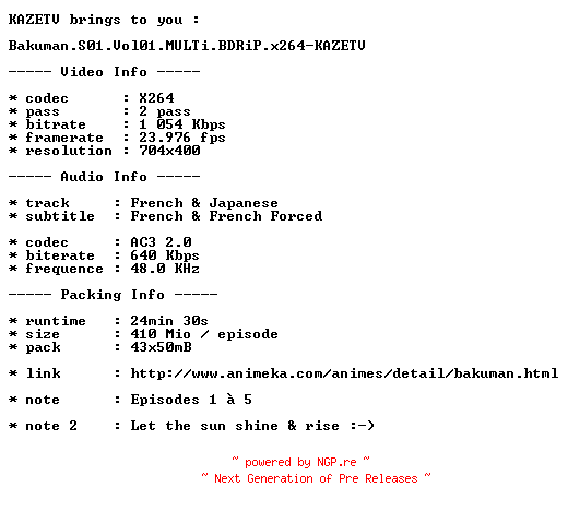 NFO for the release Bakuman.S01.Vol01.MULTi.BDRiP.x264-KAZETV by KAZETV