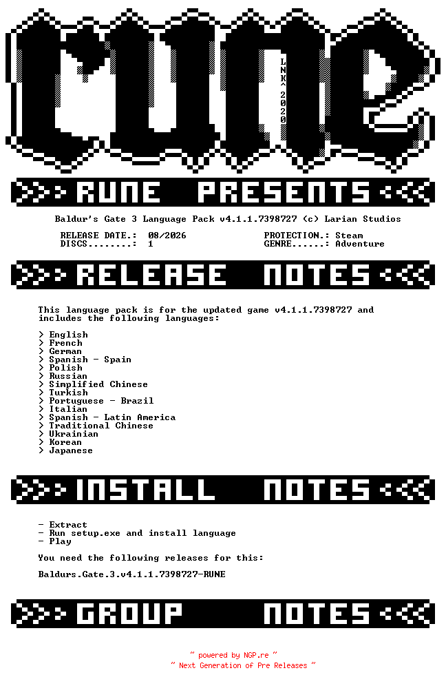 NFO for the release Baldurs.Gate.3.Language.Pack.v4.1.1.7398727-RUNE by RUNE