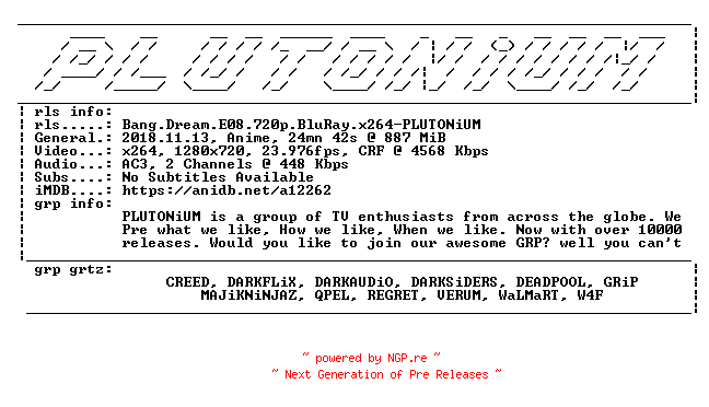 NFO for the release Bang.Dream.E08.720p.BluRay.x264-PLUTONiUM by PLUTONiUM