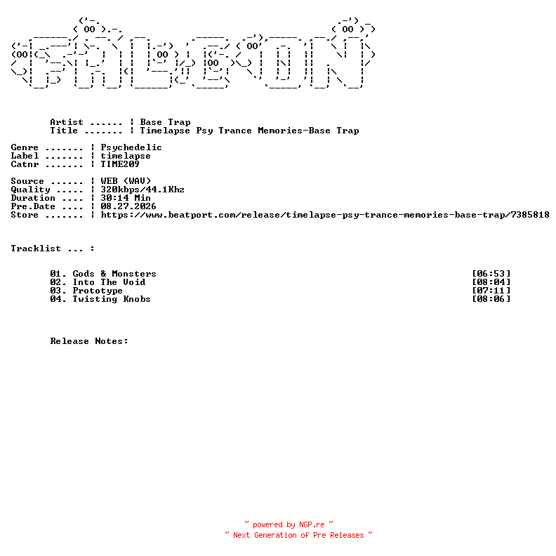 NFO for the release Base_Trap-Timelapse_Psy_Trance_Memories-Base_Trap-(TIME209)-WEB-2026-FALCON by FALCON