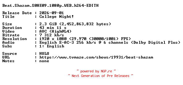 NFO for the release Beat.Shazam.S08E09.1080p.WEB.h264-EDITH by EDITH
