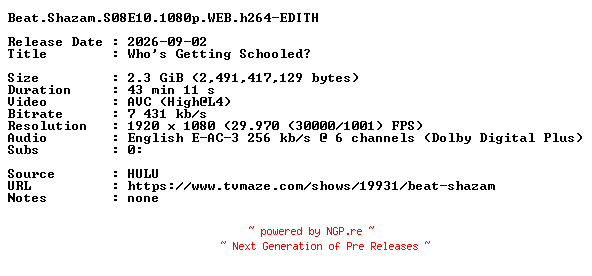NFO for the release Beat.Shazam.S08E10.1080p.WEB.h264-EDITH by EDITH