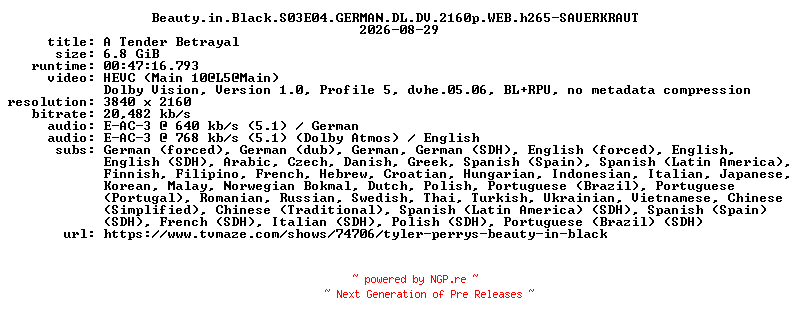 NFO for the release Beauty.in.Black.S03E04.GERMAN.DL.DV.2160p.WEB.h265-SAUERKRAUT by SAUERKRAUT