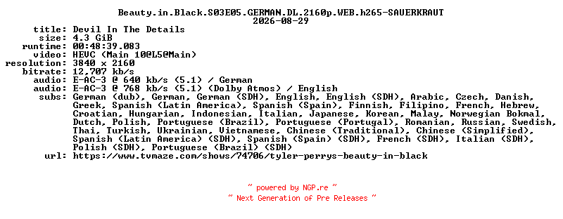 NFO for the release Beauty.in.Black.S03E05.GERMAN.DL.2160p.WEB.h265-SAUERKRAUT by SAUERKRAUT