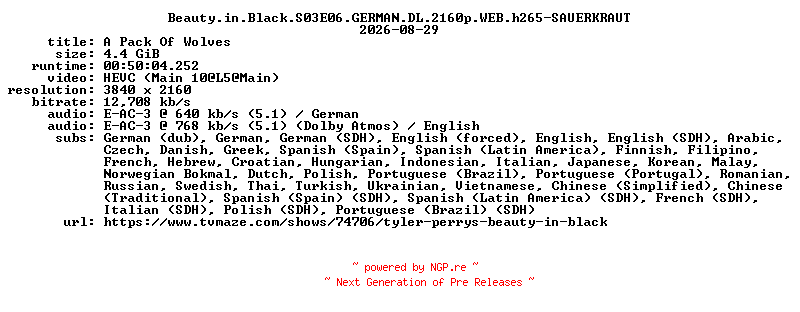NFO for the release Beauty.in.Black.S03E06.GERMAN.DL.2160p.WEB.h265-SAUERKRAUT by SAUERKRAUT