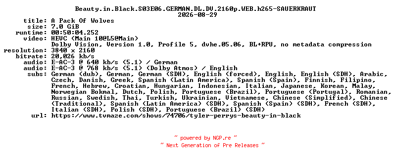 NFO for the release Beauty.in.Black.S03E06.GERMAN.DL.DV.2160p.WEB.h265-SAUERKRAUT by SAUERKRAUT