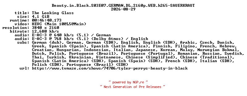 NFO for the release Beauty.in.Black.S03E07.GERMAN.DL.2160p.WEB.h265-SAUERKRAUT by SAUERKRAUT