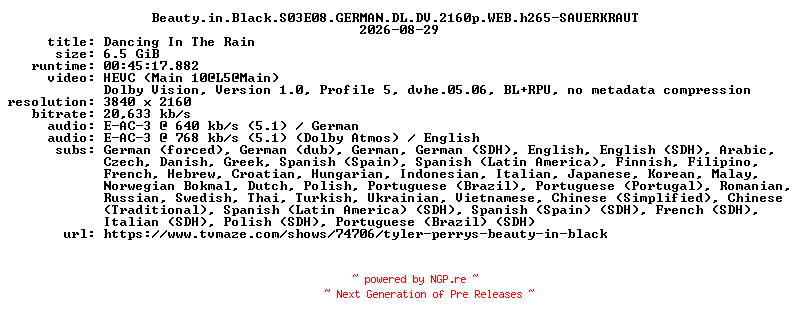 NFO for the release Beauty.in.Black.S03E08.GERMAN.DL.DV.2160p.WEB.h265-SAUERKRAUT by SAUERKRAUT