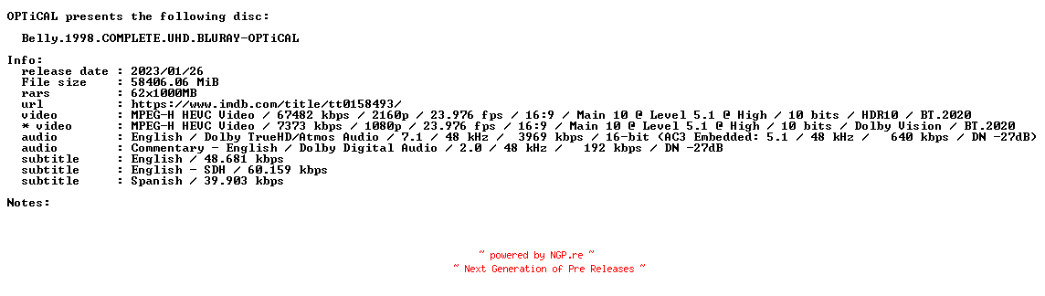 NFO for the release Belly.1998.COMPLETE.UHD.BLURAY-OPTiCAL by OPTiCAL