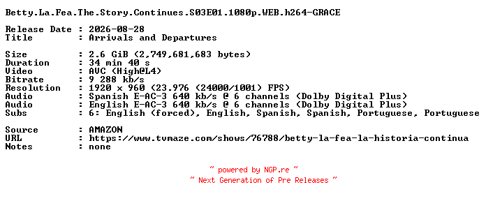 NFO for the release Betty.La.Fea.The.Story.Continues.S03E01.1080p.WEB.h264-GRACE by GRACE