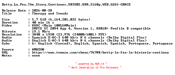 NFO for the release Betty.La.Fea.The.Story.Continues.S03E02.HDR.2160p.WEB.h265-GRACE by GRACE