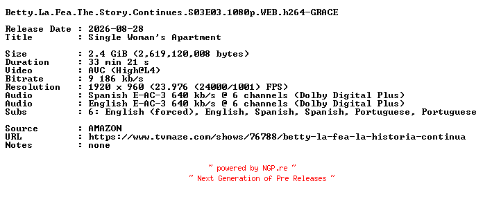 NFO for the release Betty.La.Fea.The.Story.Continues.S03E03.1080p.WEB.h264-GRACE by GRACE