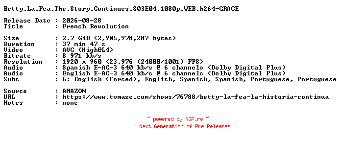 NFO for the release Betty.La.Fea.The.Story.Continues.S03E04.1080p.WEB.h264-GRACE by GRACE