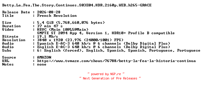 NFO for the release Betty.La.Fea.The.Story.Continues.S03E04.HDR.2160p.WEB.h265-GRACE by GRACE