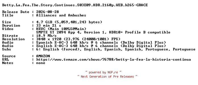 NFO for the release Betty.La.Fea.The.Story.Continues.S03E09.HDR.2160p.WEB.h265-GRACE by GRACE