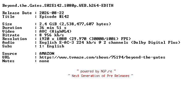 NFO for the release Beyond.the.Gates.S02E142.1080p.WEB.h264-EDITH by EDITH