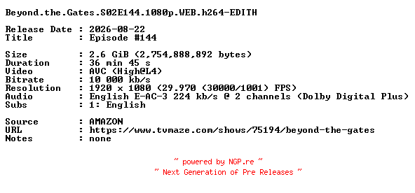 NFO for the release Beyond.the.Gates.S02E144.1080p.WEB.h264-EDITH by EDITH