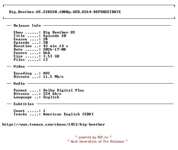 NFO for the release Big.Brother.US.S28E20.1080p.WEB.H264-DEFENESTRATE by DEFENESTRATE
