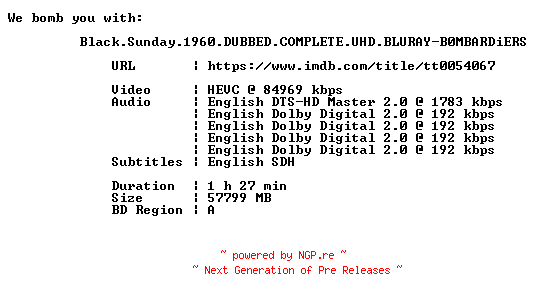 NFO for the release Black.Sunday.1960.DUBBED.COMPLETE.UHD.BLURAY-B0MBARDiERS by B0MBARDiERS