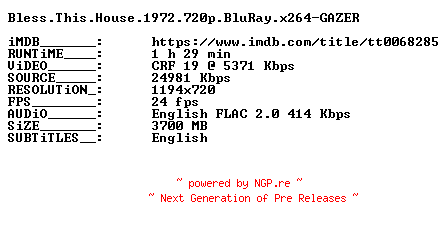 NFO for the release Bless.This.House.1972.720p.BluRay.x264-GAZER by GAZER