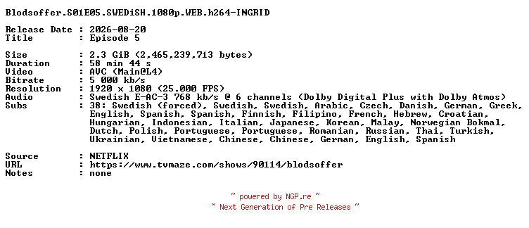 NFO for the release Blodsoffer.S01E05.SWEDiSH.1080p.WEB.h264-INGRID by INGRID