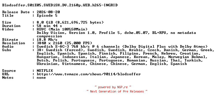 NFO for the release Blodsoffer.S01E05.SWEDiSH.DV.2160p.WEB.h265-INGRID by INGRID