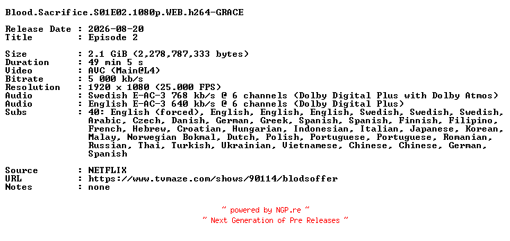 NFO for the release Blood.Sacrifice.S01E02.1080p.WEB.h264-GRACE by GRACE