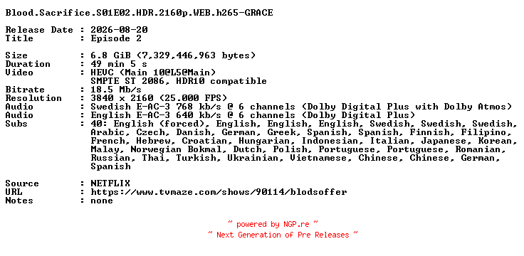 NFO for the release Blood.Sacrifice.S01E02.HDR.2160p.WEB.h265-GRACE by GRACE