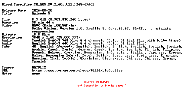 NFO for the release Blood.Sacrifice.S01E05.DV.2160p.WEB.h265-GRACE by GRACE