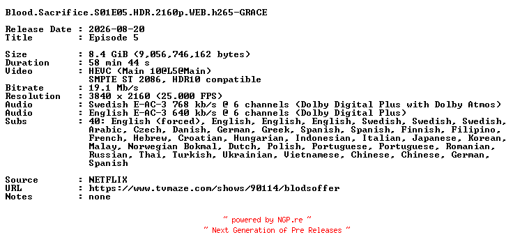 NFO for the release Blood.Sacrifice.S01E05.HDR.2160p.WEB.h265-GRACE by GRACE