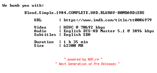 NFO for the release Blood.Simple.1984.COMPLETE.UHD.BLURAY-B0MBARDiERS by B0MBARDiERS