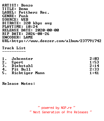 NFO for the release Bonzo-Demo-WEB-DE-2020-SDR by SDR