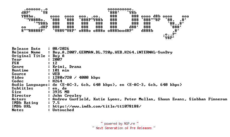 NFO for the release Boy.A.2007.GERMAN.DL.720p.WEB.H264.iNTERNAL-SunDry by SunDry
