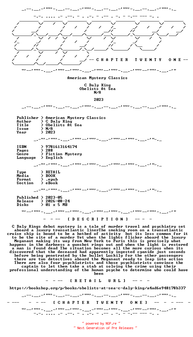 NFO for the release C.Daly.King.-.Obelists.At.Sea.2023.RETAIL.EPUB.eBook-CTO by CTO
