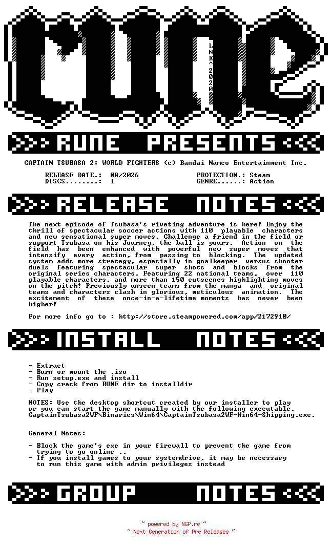NFO for the release CAPTAIN.TSUBASA.2.WORLD.FIGHTERS-RUNE by RUNE