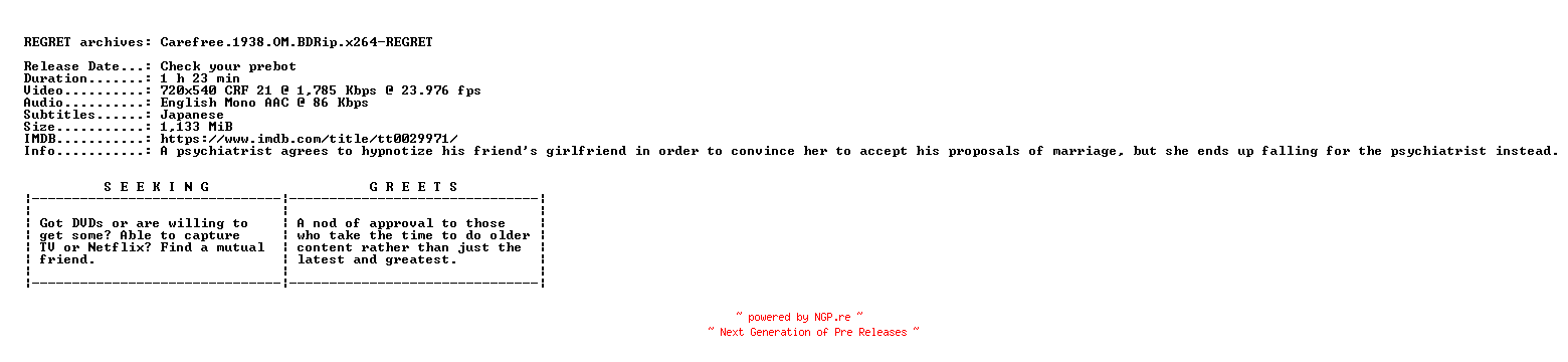 NFO for the release Carefree.1938.OM.BDRip.x264-REGRET by REGRET