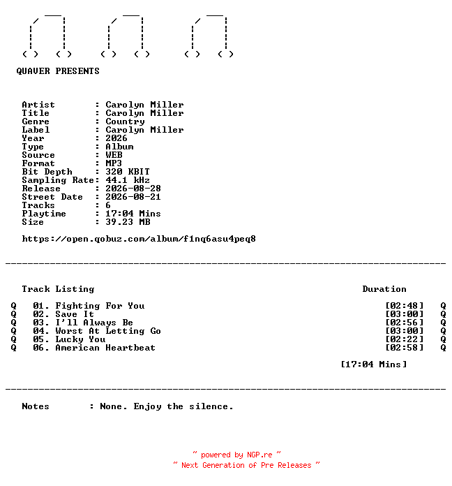 NFO for the release Carolyn_Miller-Carolyn_Miller-EP-WEB-2026-QUAVER by QUAVER