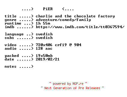 NFO for the release Charlie.And.The.Chocolate.Factory.2005.iNTERNAL.SWEDiSH.BDRip.x264-PiER by PiER