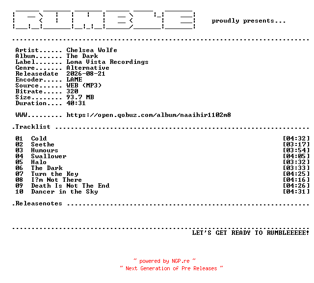 NFO for the release Chelsea_Wolfe-The_Dark-(WEB)-2026-RUMBLE by RUMBLE