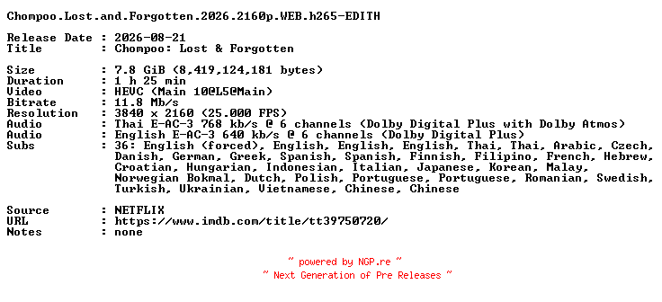 NFO for the release Chompoo.Lost.and.Forgotten.2026.2160p.WEB.h265-EDITH by EDITH