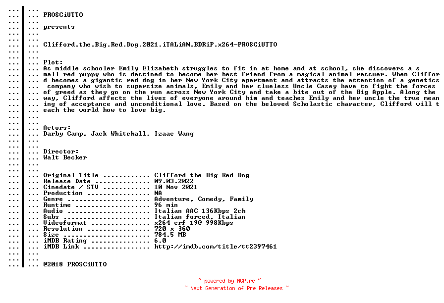 NFO for the release Clifford.the.Big.Red.Dog.2021.iTALiAN.BDRiP.x264-PROSCiUTTO by PROSCiUTTO